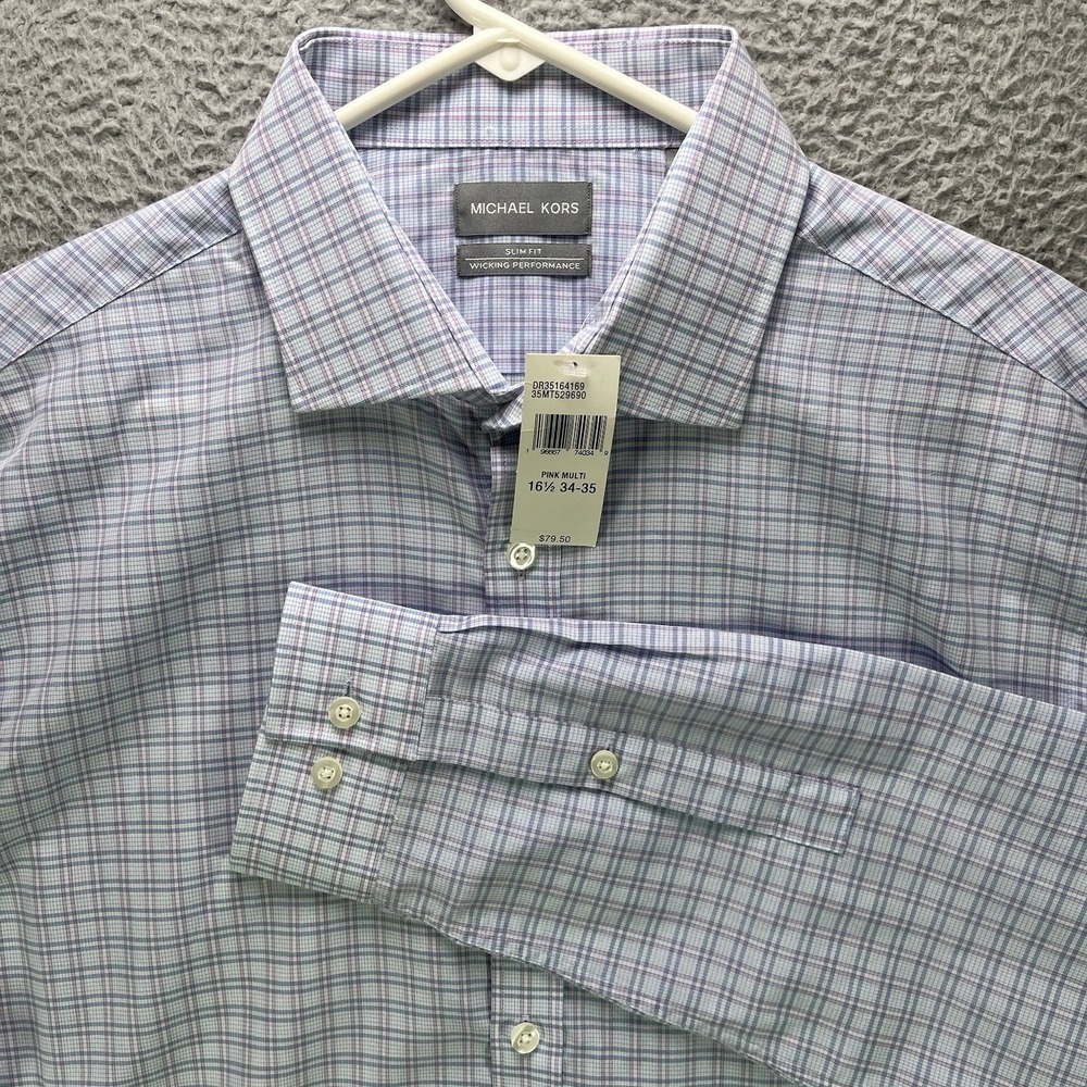Michael Kors Performance Slim Fit Dress Shirt Mens Large Blue Plaid Stretch NWT - Picture 8 of 13